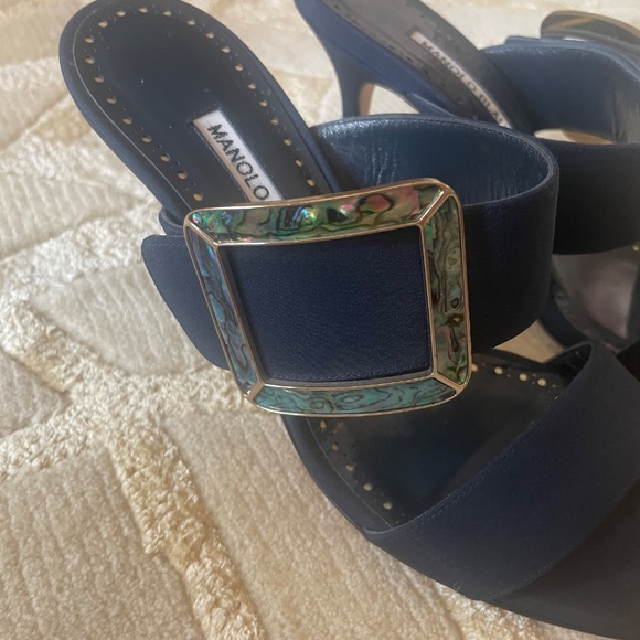 Navy Manolo Blahnik Heeled Sandals - Picture 6 of 7